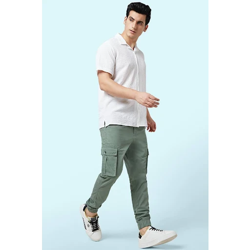 People Green Solid Full Length Mid Rise Casual Men Regular Fit Casual Bottom